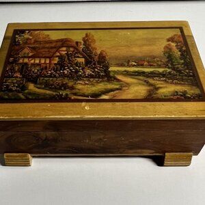 Vintage Footed Cedar Wood Trinket Jewelry Box